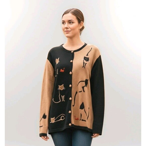 Cat Lover Knit Cardigan & Scarf Set Applique Embroidery | Black Tan | Size M... - Picture 3 of 16